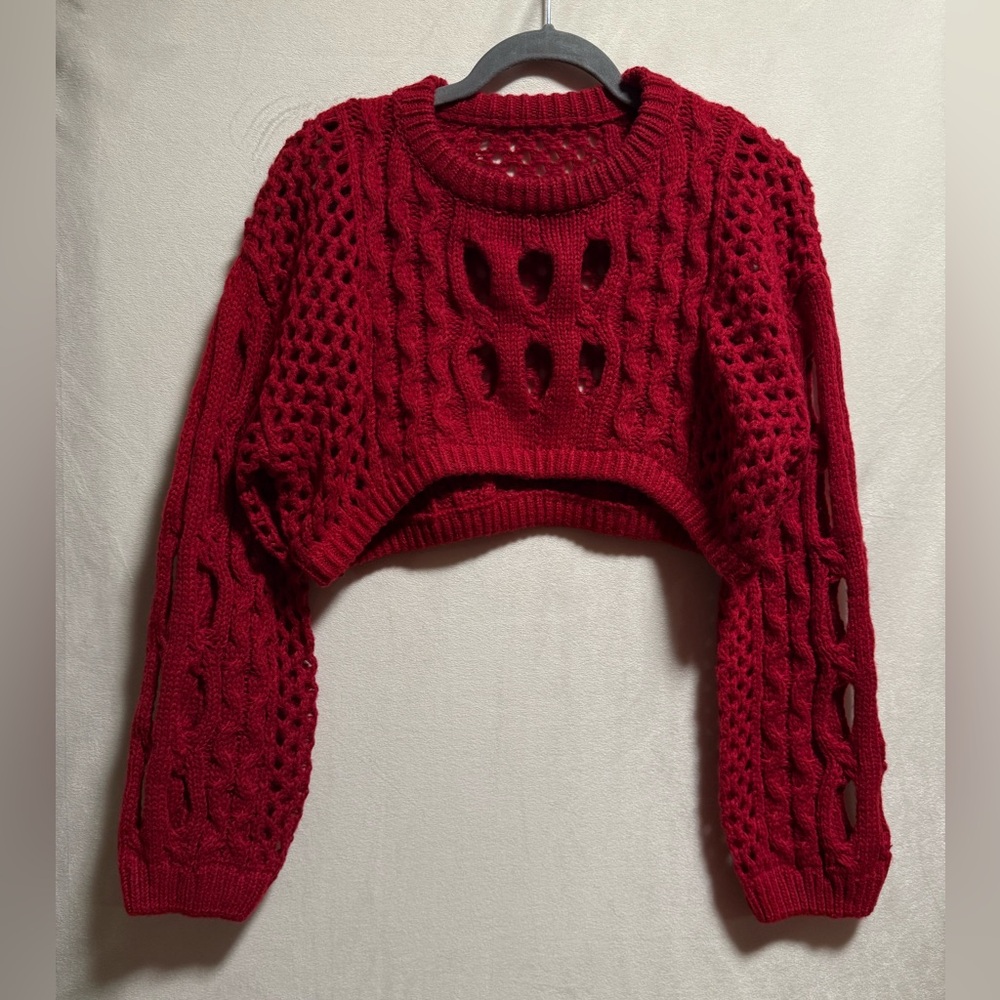 Red Cable Knit Cropped Sweater